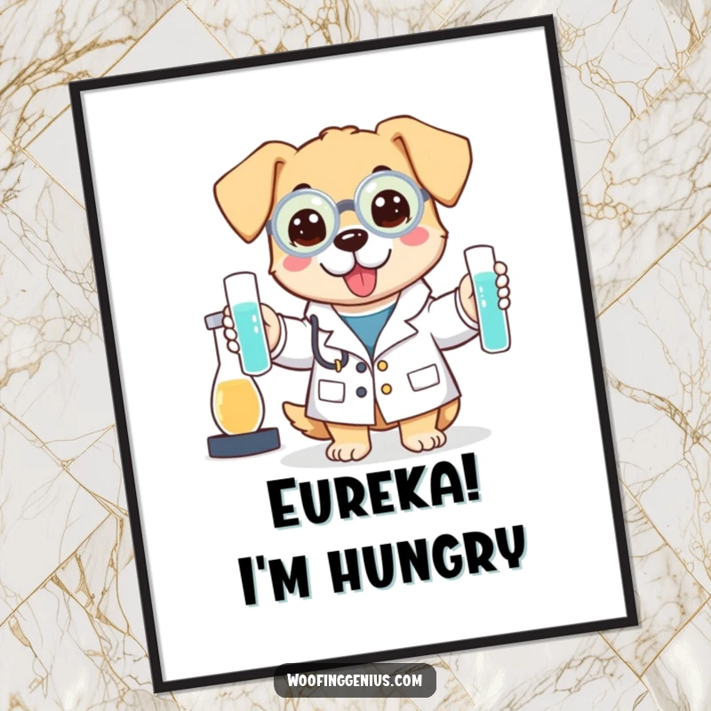 Funny digital art print of a dog in a lab coat holding test tubes, a curious scientist.