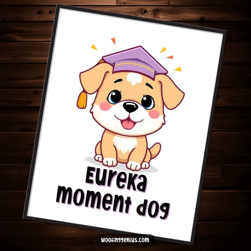 Funny dog wearing a graduation cap, celebrating a lightbulb idea, as digital wall art, ready for instant display.