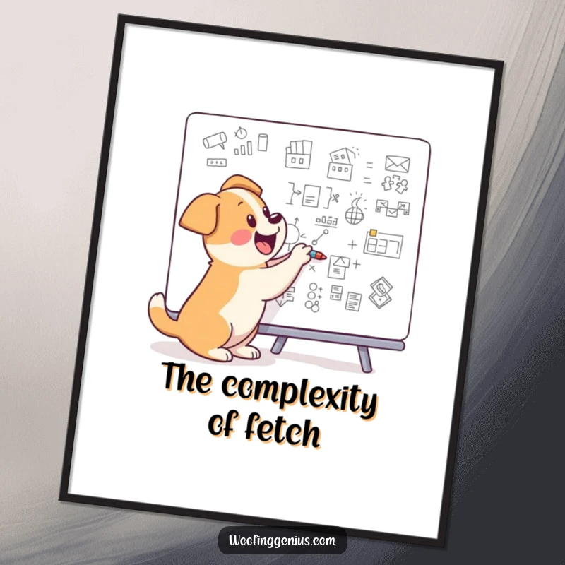 Funny dog drawing complex diagrams on a whiteboard, vivid digital art print for decor.
