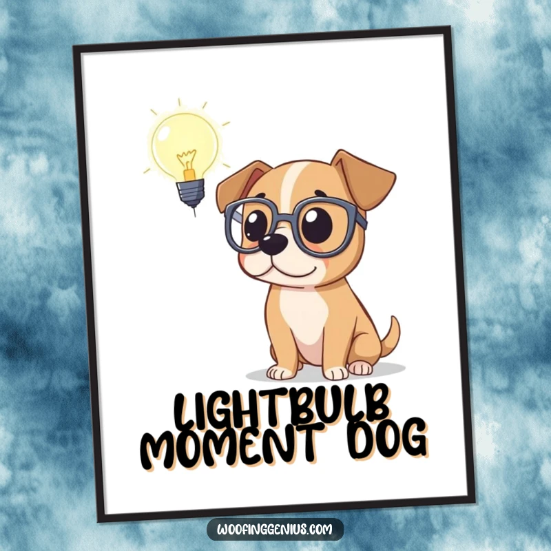 Funny digital art of a dog in large spectacles hilariously contemplating a glowing lightbulb, symbolizing a moment of comical genius.
