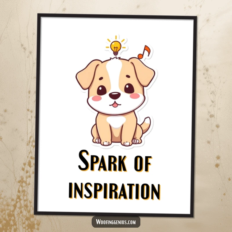 Funny dog digital art print of a lightbulb and musical note in an idea bubble, representing creative brilliance.