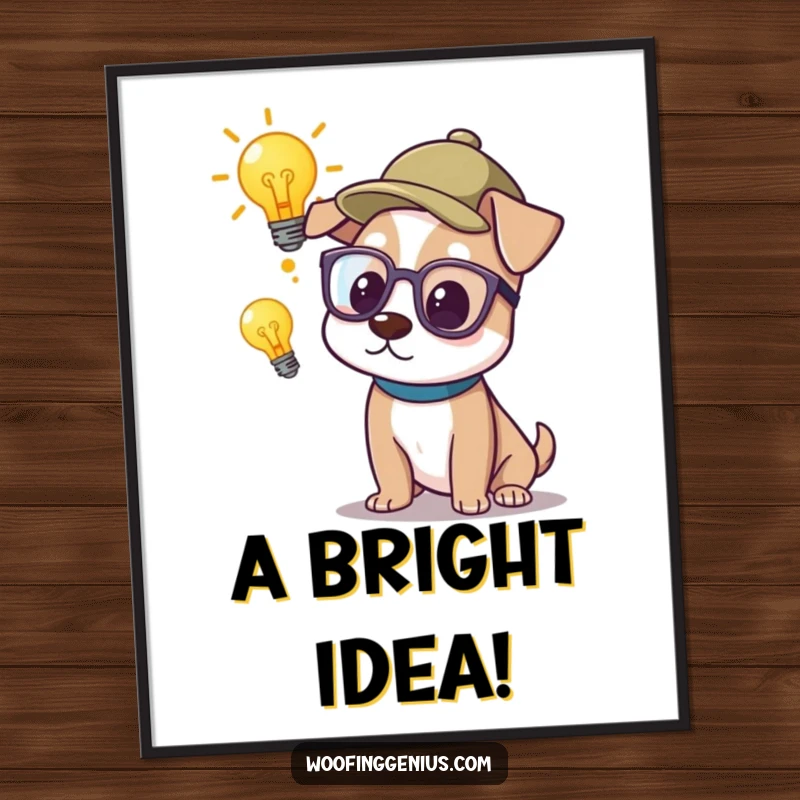 Funny Digital Art Print: A dog in a thinking cap and glasses contemplates a glowing lightbulb, symbolizing a brilliant idea.