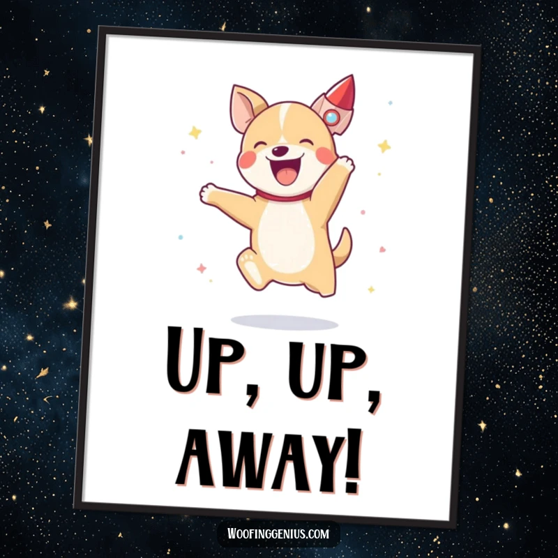 Funny dog leaping with joy, a small rocket ship taking off, creating an exciting and humorous digital artwork.