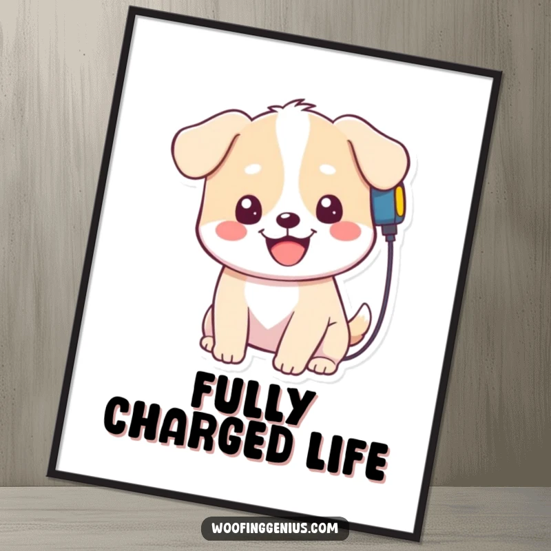 Funny Kawaii Dog Digital Art Print: Cute character plugging a charger into its head, ready to adorn any wall space with funny charm.