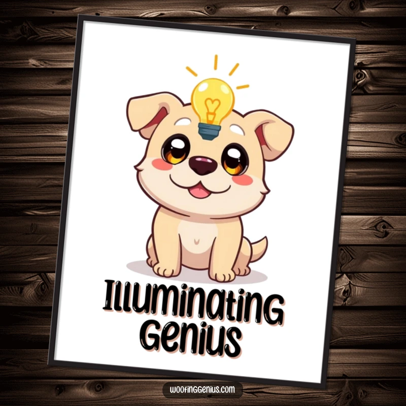 Funny digital art print of a dog character with a glowing lightbulb above its head, eyes wide with inspiration, symbolizing a great idea.