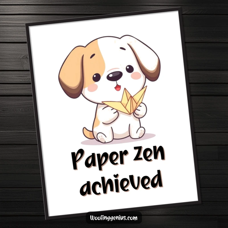 Funny origami dog digital art: a proud dog presents a small, folded paper crane, embodying delicate artistry and peaceful creation.