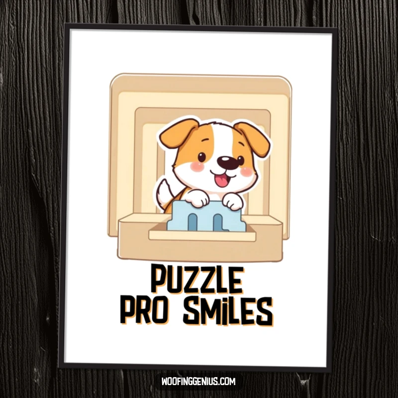 Funny digital art print of a dog smiling while expertly solving a puzzle maze, symbolizing intelligence and victory, ready for printing.