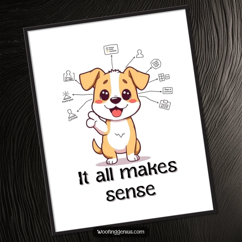 Funny brainy dog digital art: an excited dog gestures towards a complex diagram, symbolizing intelligence and the wonder of discovery.