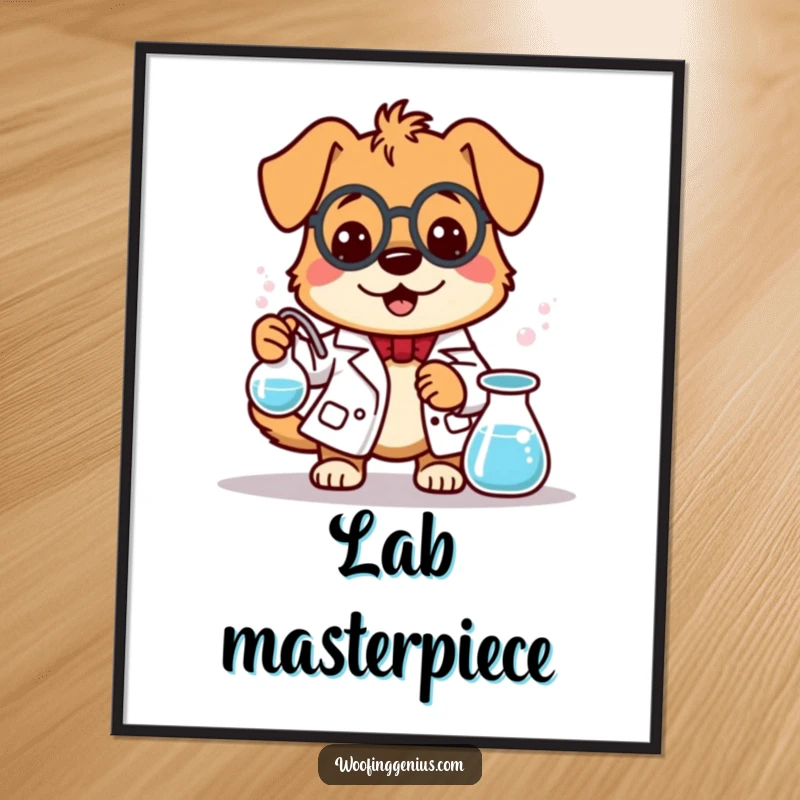 Funny dog character in a lab coat stirring a bubbling beaker, available as digital art print for instant humorous decor.