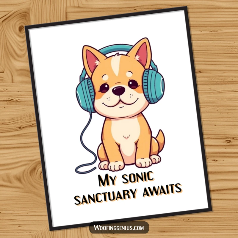Funny dog wearing headphones, intensely listening to music, captivating digital art print for home decor.