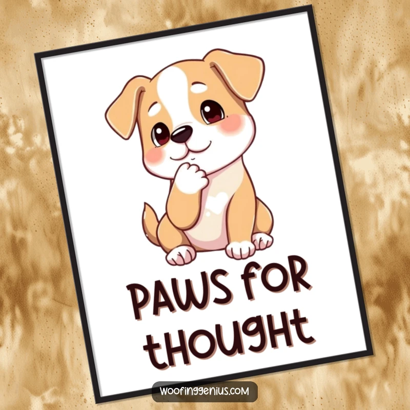Funny digital art print of a dog thoughtfully stroking its chin with a paw, symbolizing profound contemplation, ready for printing.