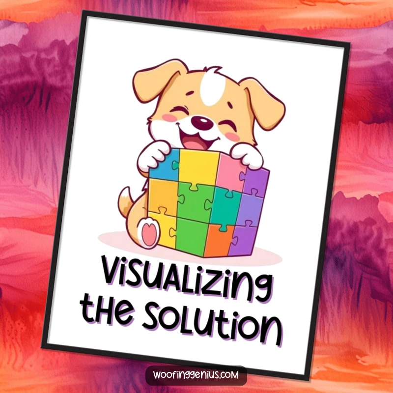 Funny digital art print of an ecstatic dog fully engaged in solving a vibrant, multi-colored puzzle cube with impressive skill.