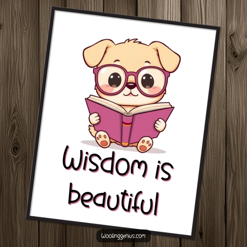Funny Kawaii dog with spectacles intensely reading a book, a humorous digital art print perfect for instant download and display.