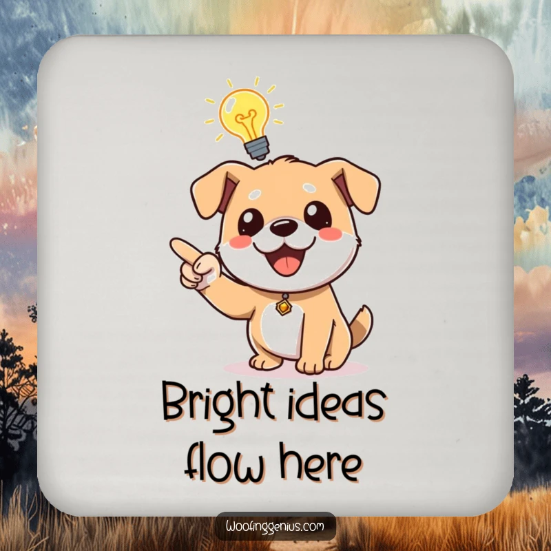 Funny dog with a lightbulb above its head, pointing with excitement, a set of humorous and protective drink coasters.