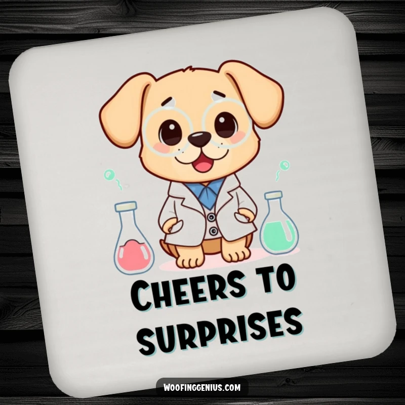 Funny drink coaster featuring a dog wearing a lab coat, looking surprised by an experiment, symbolizing scientific discovery and humor.