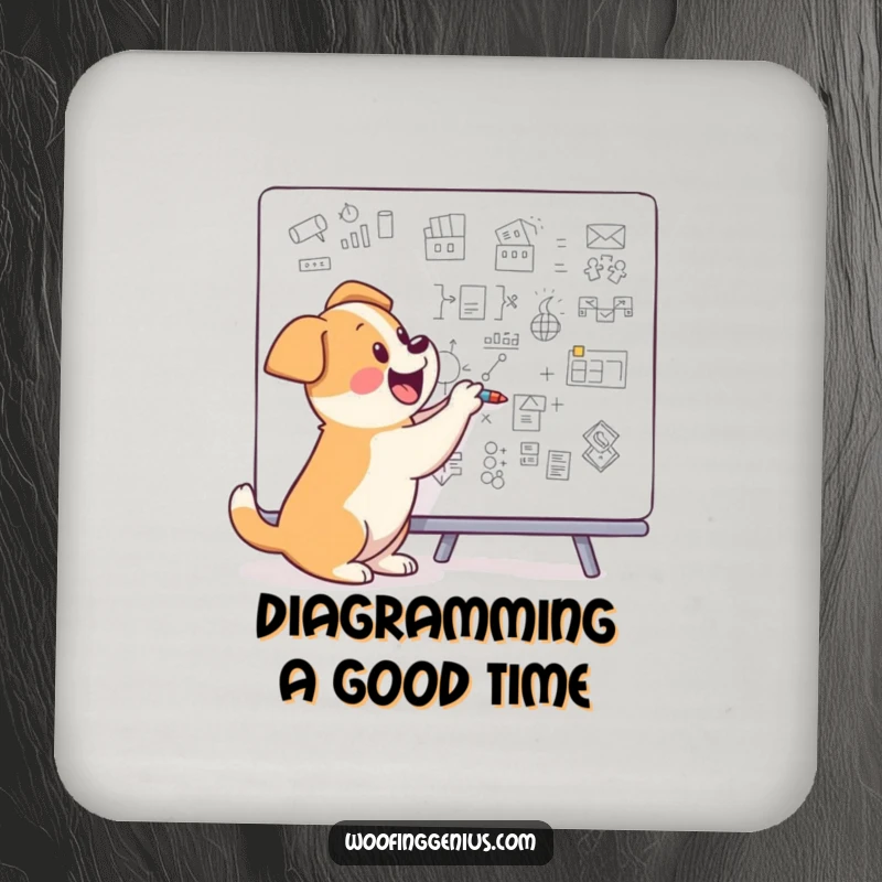 Funny dog drawing complex diagrams on a whiteboard, on a decorative drink coaster.