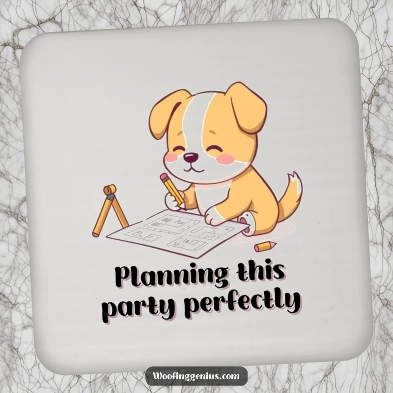 Funny Drink Coaster: A dog meticulously sketches complex blueprints with a tiny pencil, symbolizing detailed design.