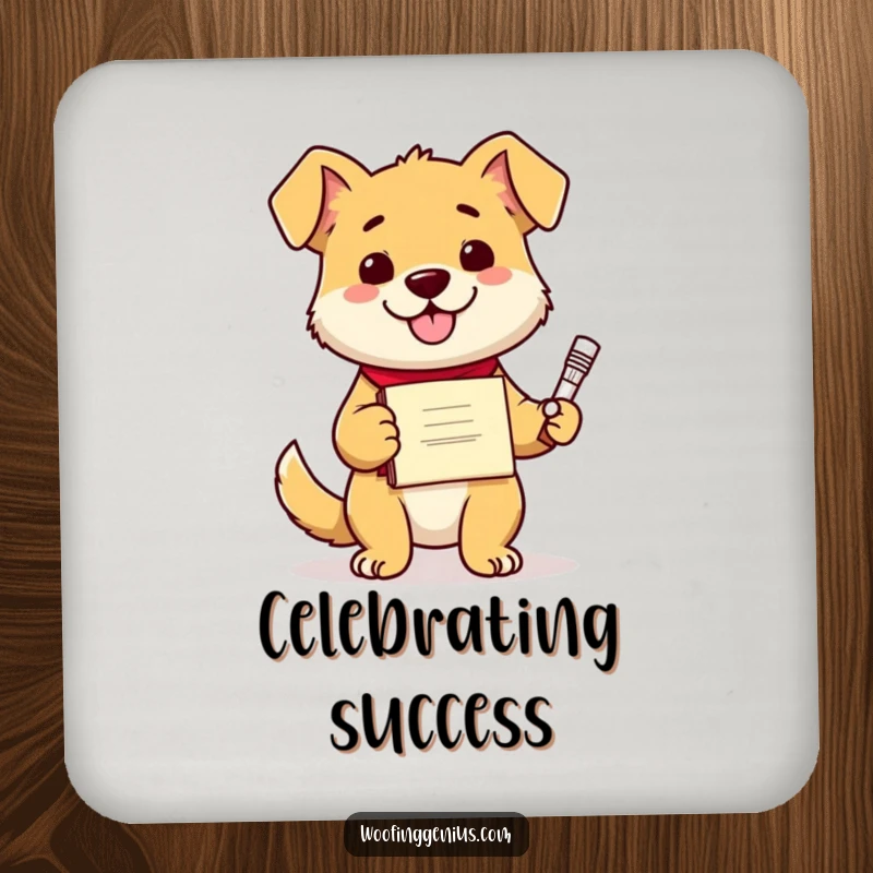 Funny dog with a diploma and a small invention, acting as a coaster, perfect for protecting surfaces.