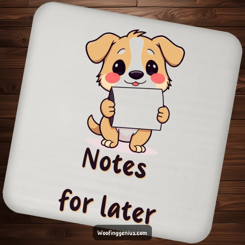 Funny dog coaster with a winking dog presenting notecards, protecting furniture with humor and style.