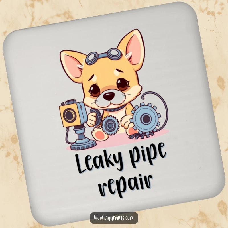 Funny drink coasters featuring a dog focused on tinkering with gears and wires, protecting surfaces.