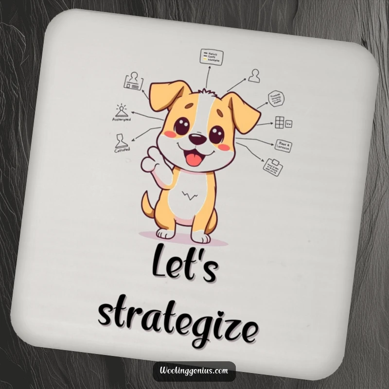 Funny genius dog coaster: an excited dog points to a complex diagram, protecting surfaces with a touch of intellectual humor.