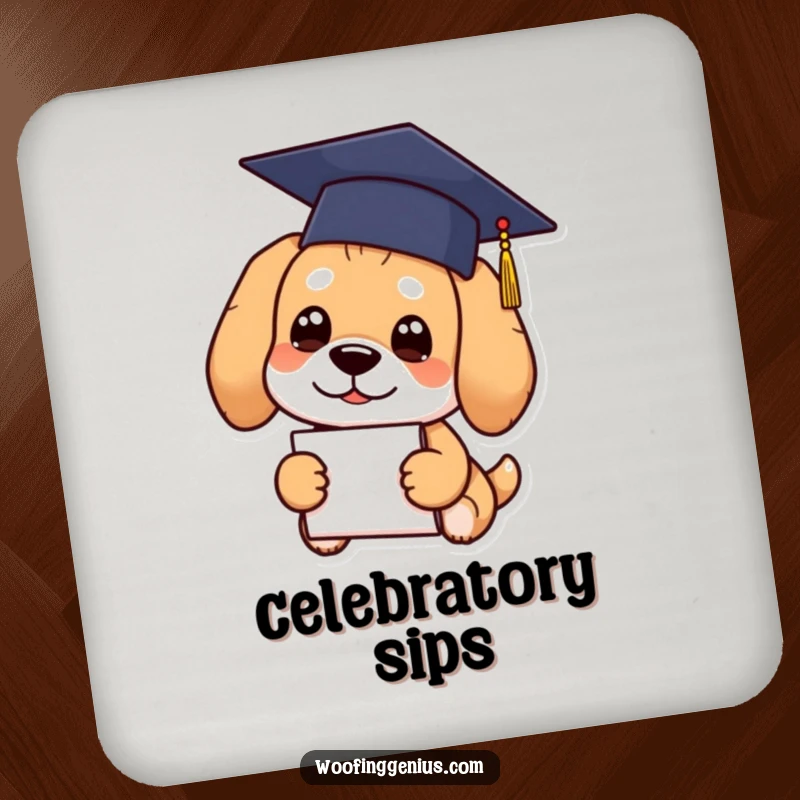 Funny Graduation Dog Coasters featuring a dog wearing a graduation cap and holding a diploma.
