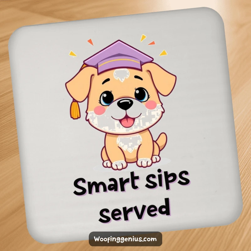 Funny dog wearing a graduation cap, celebrating a lightbulb idea, on a drink coaster, for adding smart humor.