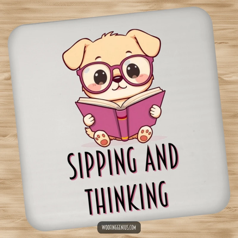 Funny Kawaii dog wearing glasses reading a book, a protective drink coaster with a humorous and intellectual canine illustration.