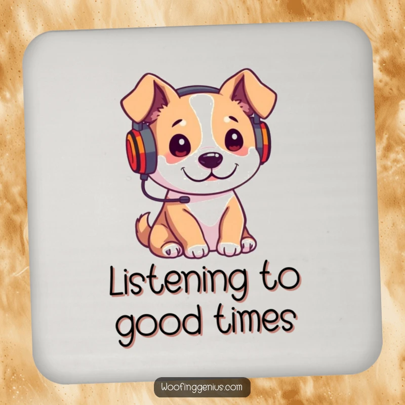 Funny drink coaster with a dog wearing headphones, attentively listening to a lecture, protecting surfaces with style.