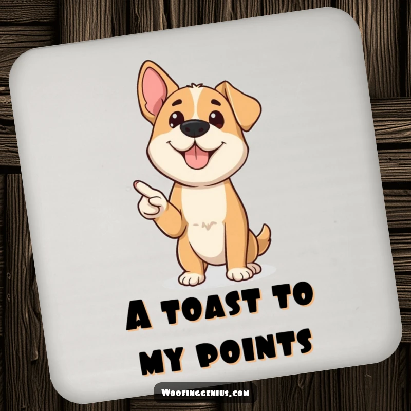 Funny dog confidently presenting with a miniature pointer, a set of humorous and protective drink coasters.