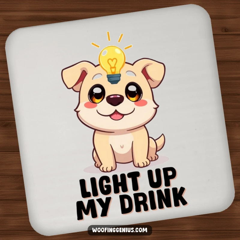 Funny drink coasters featuring a dog character with a lightbulb moment, eyes wide with inspiration, adding a touch of genius.