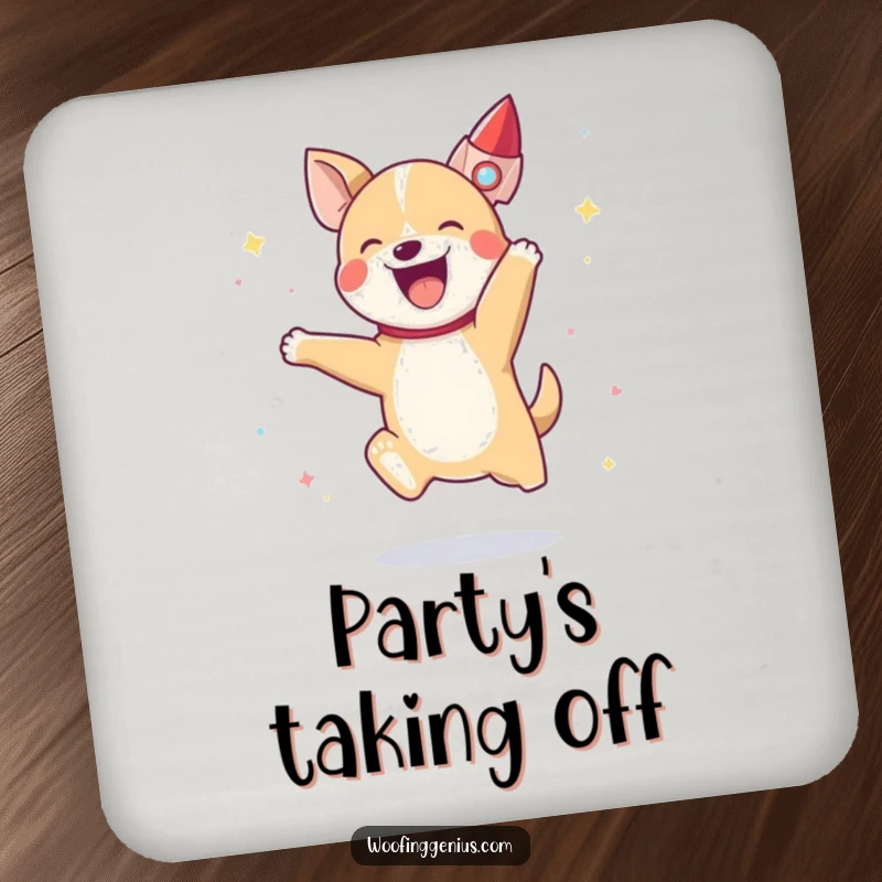 Funny dog jumping with a tiny rocket ship blasting off behind it, serving as a protective coaster.