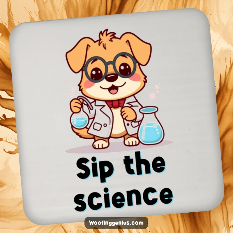 Funny dog scientist stirring a bubbling beaker on a drink coaster, protecting surfaces with charm and humor.