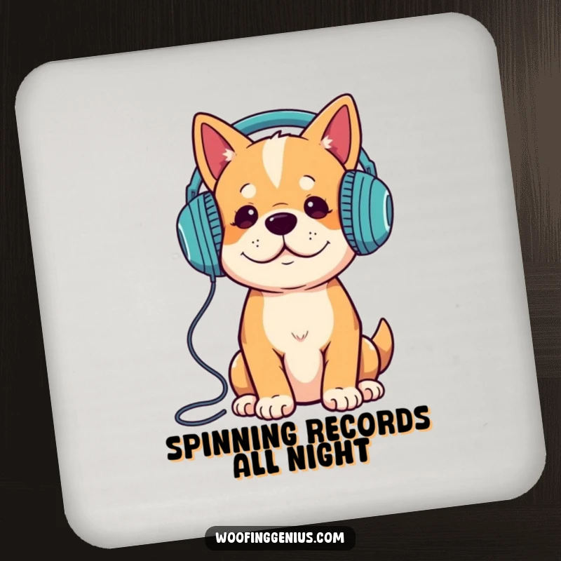 Funny dog wearing headphones, listening to music, protecting surfaces on a decorative drink coaster.