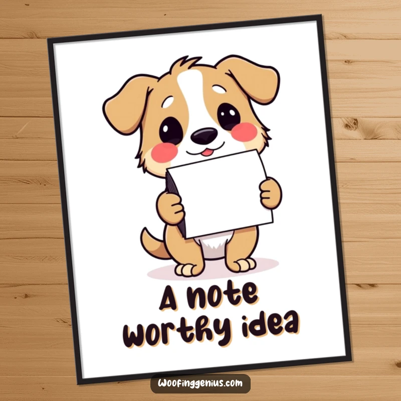 Funny dog poster of a dog winking while presenting a stack of colorful notecards, symbolizing thoughtful communication.