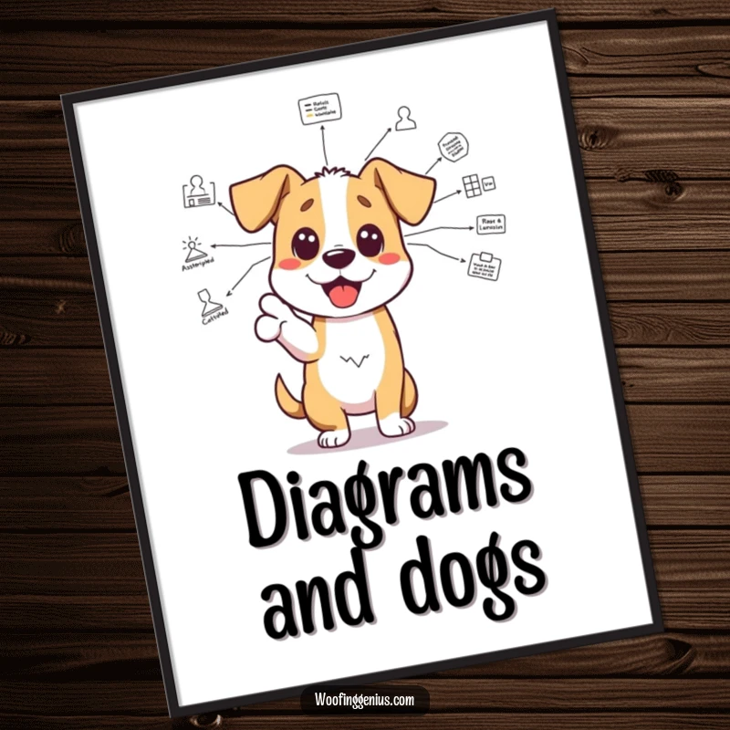 Funny brainy dog poster: an excited dog gestures towards a complex diagram, symbolizing intelligence and the thrill of a scientific discovery.