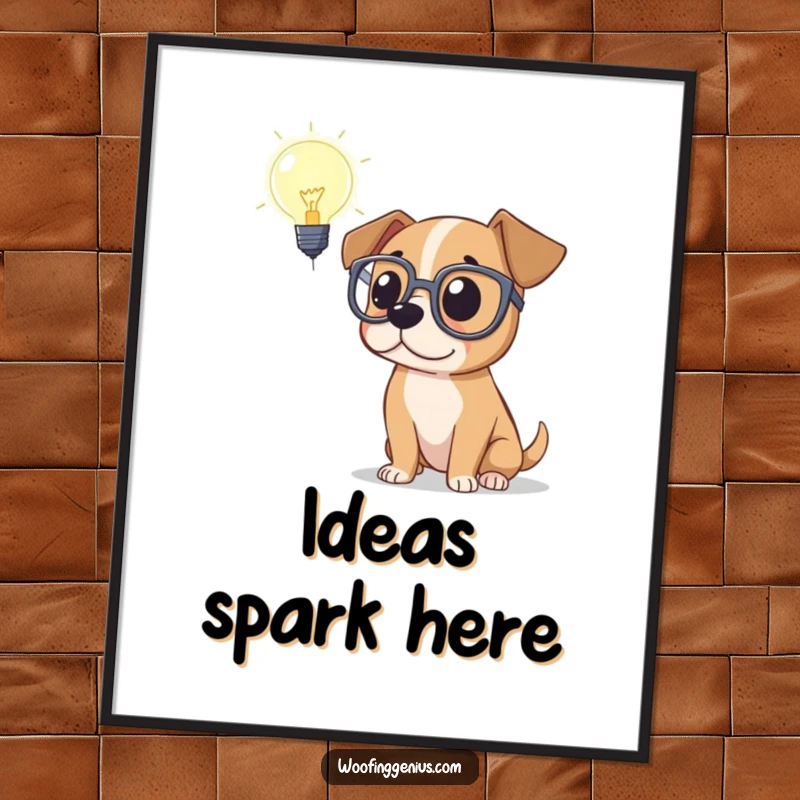 Funny poster art of a dog wearing large spectacles, contemplating a glowing lightbulb, symbolizing a comical epiphany of genius.