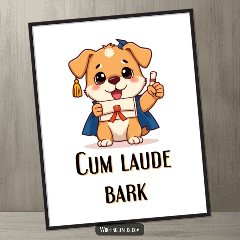 Funny dog graduation poster featuring a triumphant dog wearing a cap and holding a tiny diploma, conveying intelligence and joy.
