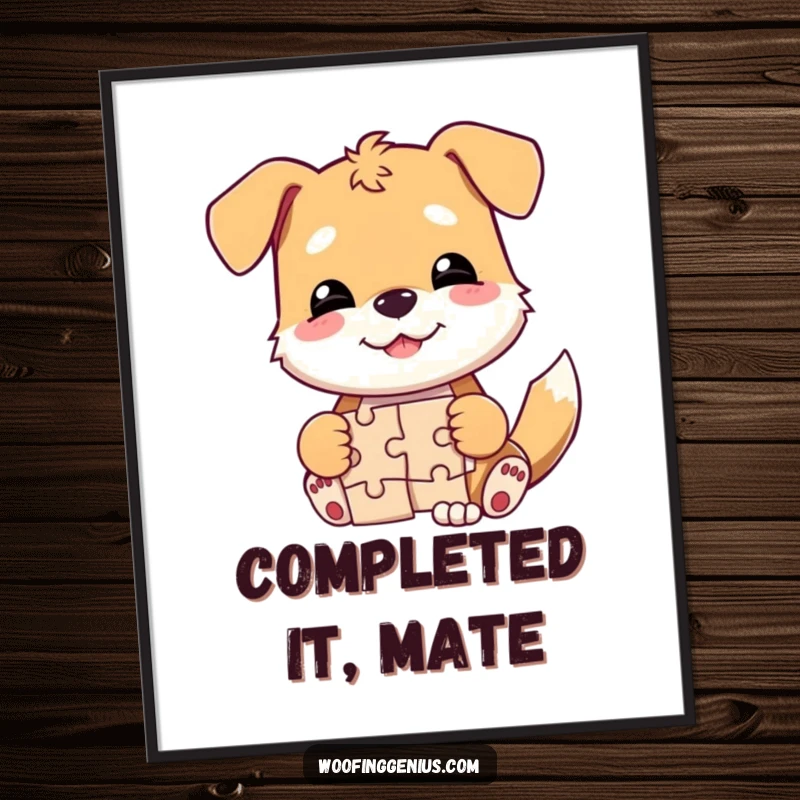 Funny dog poster, a smirking dog with a triumphant wag, beaming over a completed jigsaw puzzle, showcasing cleverness.