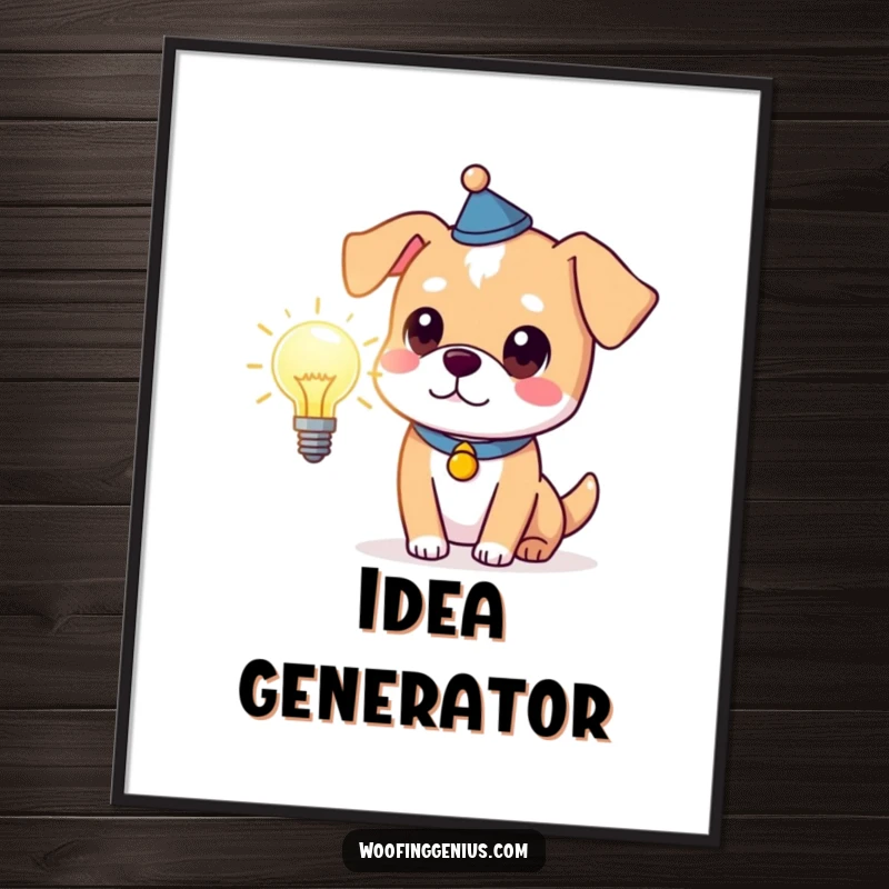 Funny clever dog wearing a thinking cap, holding a glowing lightbulb, whimsical poster art for intelligent and humorous decor.