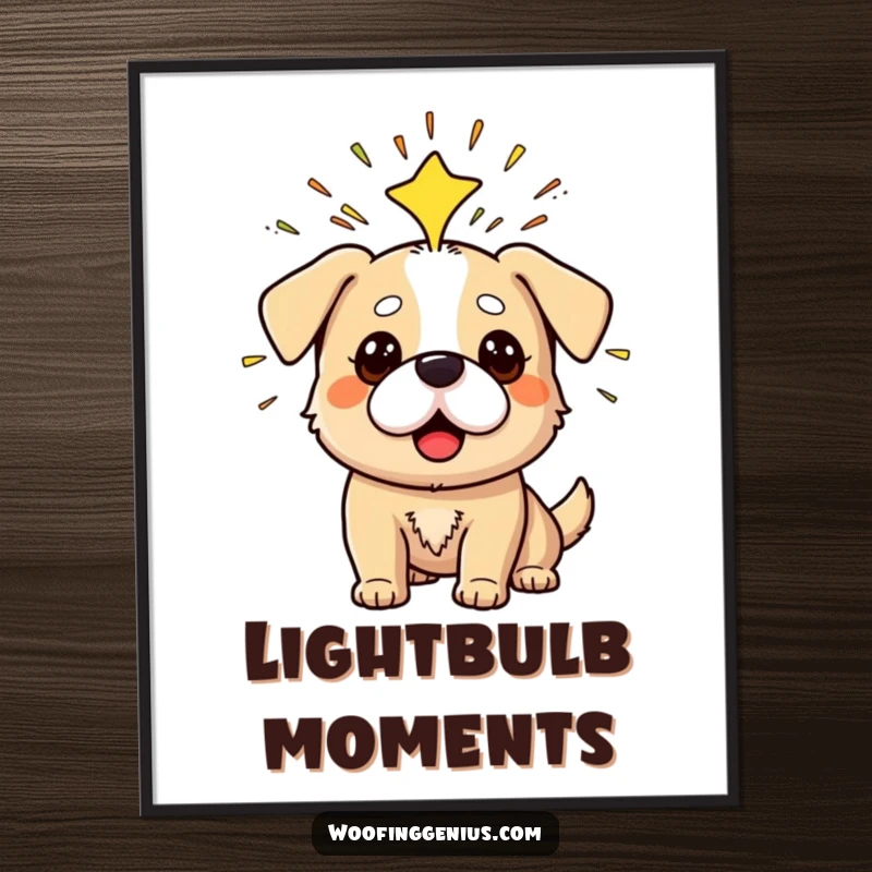 Funny poster of a dog having a sudden Eureka moment with sparks bursting from its head.