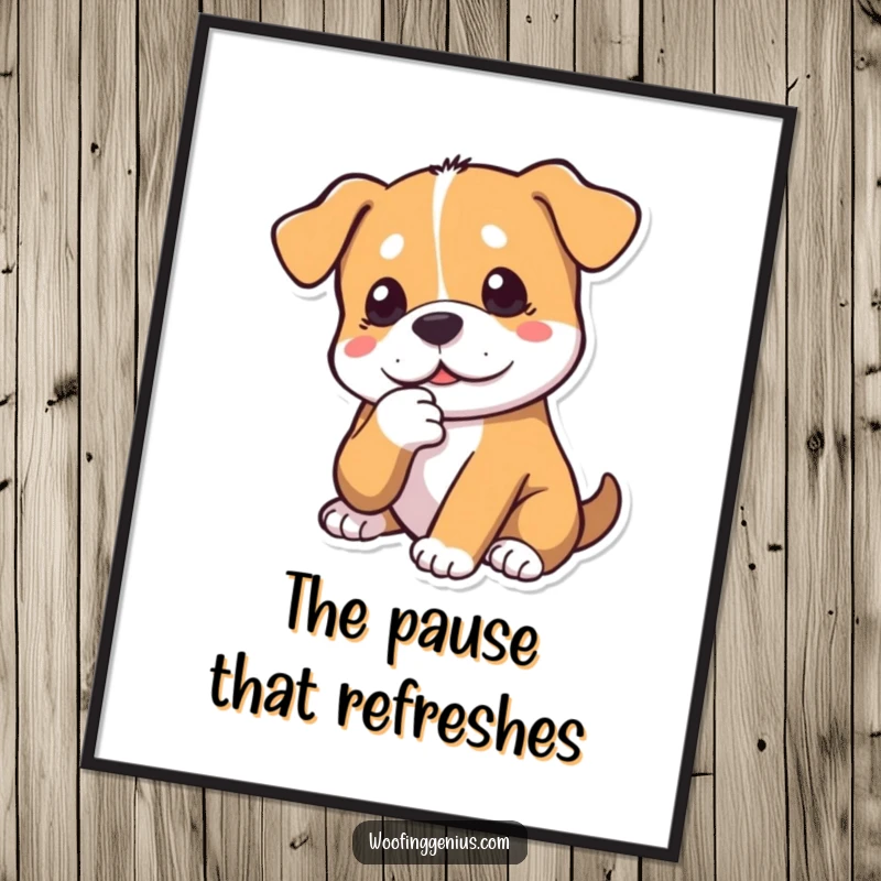 Funny dog poster depicting a dog tapping its chin with a paw, deep in thoughtful contemplation. Intellectual decor.