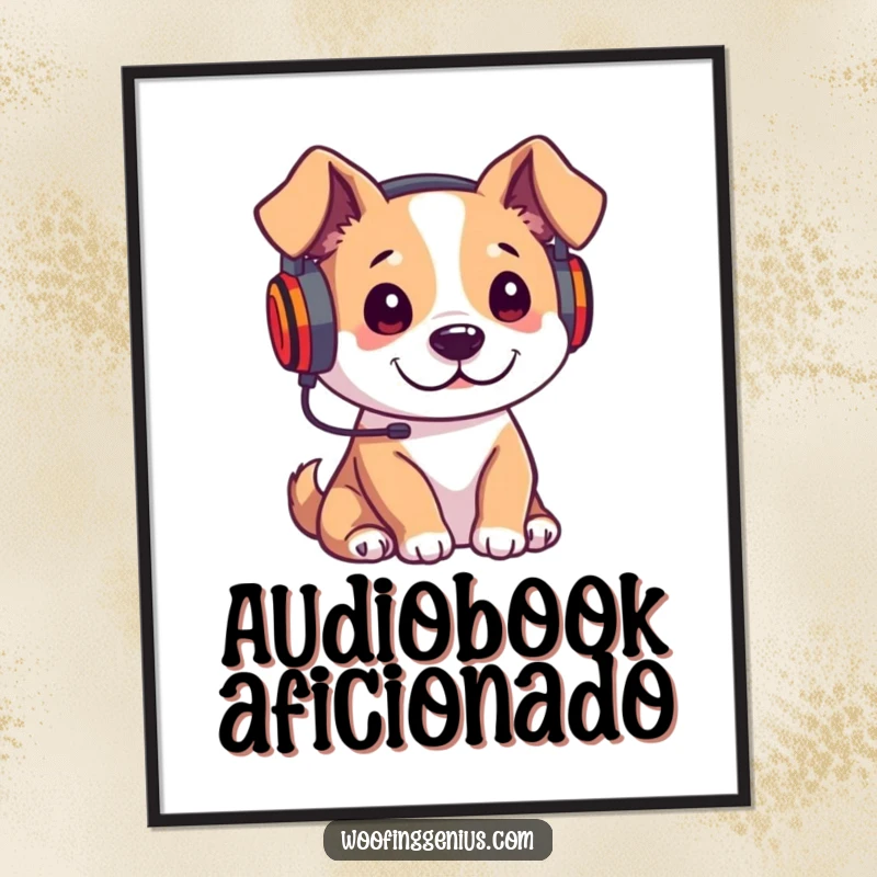 Funny poster of a dog wearing headphones, engrossed in listening to a lecture, conveying deep concentration and interest.