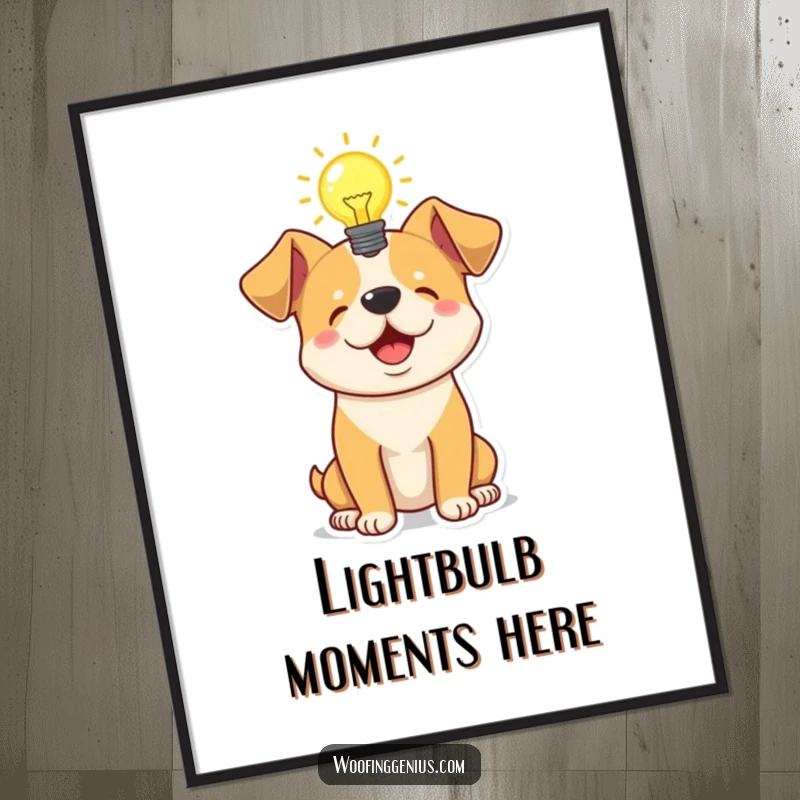 Funny poster artwork of a dog with a glowing lightbulb above its head, symbolizing inspiration and the birth of a great idea.