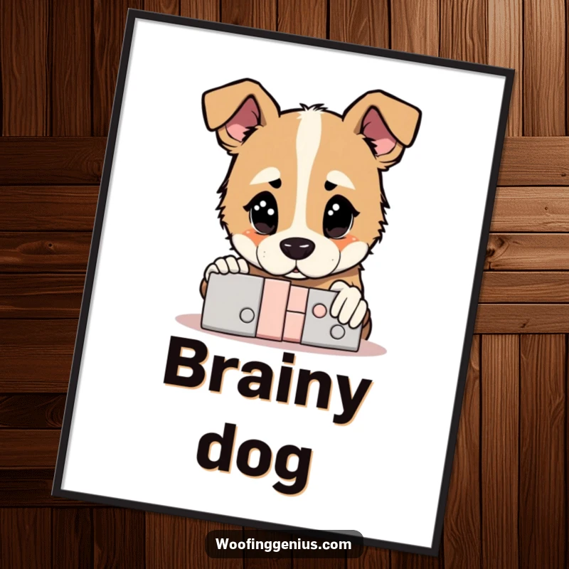 Funny Poster: Dog with a thoughtful gaze staring at a complex puzzle, now solved, humorous wall art.