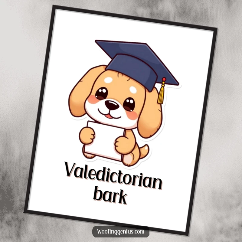 Funny Graduation Dog Poster artwork of a dog wearing a graduation cap and holding a diploma.