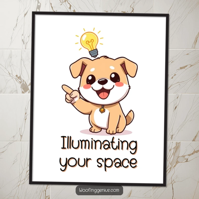 Funny dog with a glowing lightbulb, enthusiastically pointing, a humorous and motivational piece of wall art.