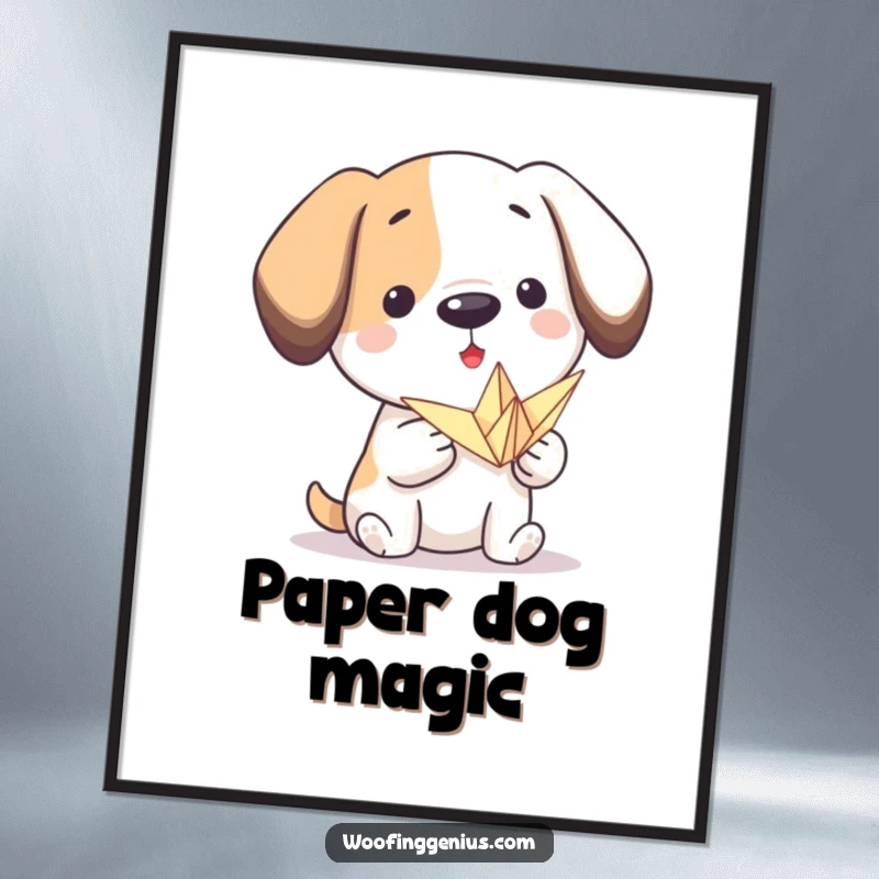 Funny origami dog poster: a proud dog presents a small, intricately folded paper crane, embodying artistry and gentle accomplishment.