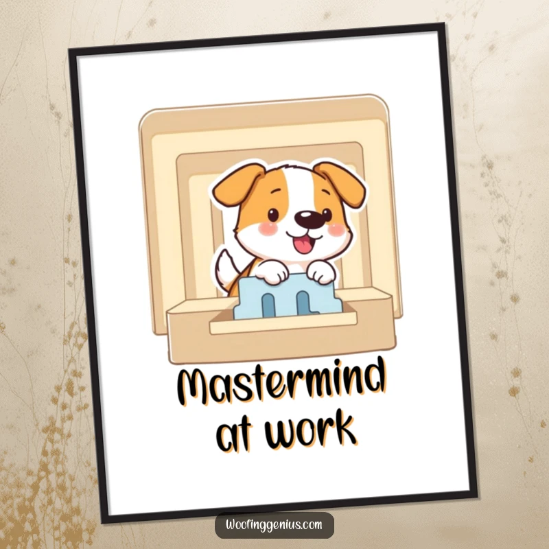 Funny poster artwork of a dog smiling while expertly solving a puzzle maze, symbolizing intelligence, strategy, and successful problem-solving.