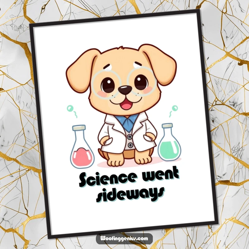 Funny poster art of a dog wearing a lab coat, looking shocked by a peculiar experiment, symbolizing scientific surprise and humorous outcomes.